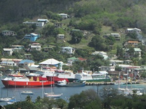 Both ferries, red and green, at the wharf. Photo taken by Susan Toy from The View.